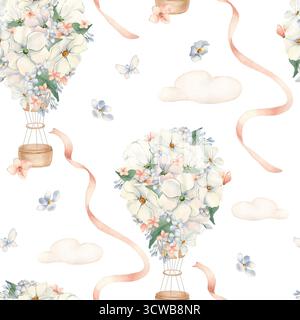 Zarte Blumenballons Mädchen Zimmer nahtloses Muster isoliert weiß. Handbemalte Heißluftballons mit pinkfarbenen Satinbändern. Beige weiche Wolken wiederholen sich Stockfoto