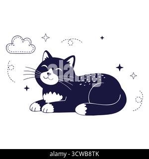 Süße schwarze Katze, die friedlich mit geschlossenen Augen schläft. Skurrile Katzenfigur umgeben von Sternen und Wolken auf weißem Hintergrund. Stock Vektor