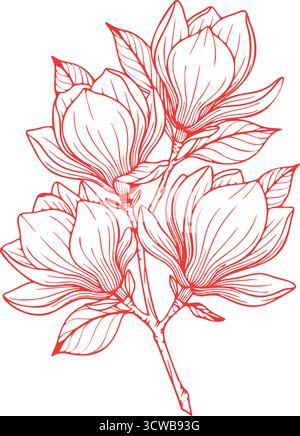 Rote Magnolienstrauß, botanische Stylenkunst, handgezeichnetes Blumendesign. Elegante blühende Blumen Illustration, dekorative natürliche Eleme Stock Vektor