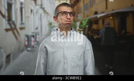 Ein Brillenträger steht spielerisch in einer malerischen Straße, umgeben von europäischer Architektur, und nimmt einen unbeschwerten Moment im Freien wahr. Stockfoto