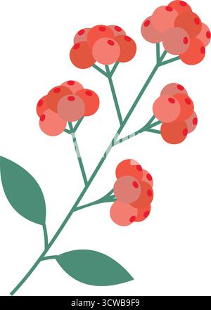Minimalistische Abbildung zeigt Beerenzweig. Das einfache Design in der Natur zeigt rote Beeren auf grünem Stiel. Stilisiertes Pflanzenkunstwerk mit botanischen Elementen. Stock Vektor