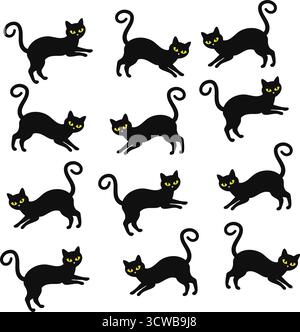 Schwarze Katze halloween Grafiken verschiedene Posen. Feline Silhouette Illustrationen isolierter weißer Hintergrund. Verspielte Katzenvektorkollektion. Süßes Kätzchen-Saibling Stock Vektor