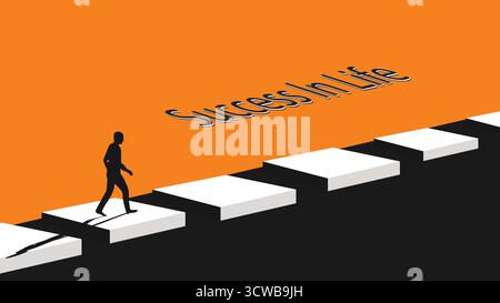 Die Silhouette des Mannes geht die weiße Treppe hinauf zum Text „Erfolg im Leben“. Darstellung der persönlichen Entwicklung, des beruflichen Aufstiegs, der Zielerreichung auf oder Stock Vektor