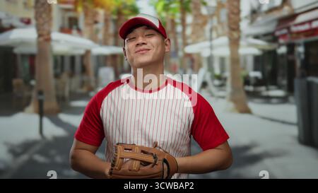 Ein junger Mann in Baseball-Uniform mit Handschuh und Ball steht selbstbewusst auf einer belebten Straße der Stadt und verkörpert den lebendigen und dynamischen Geist der Stadt Stockfoto
