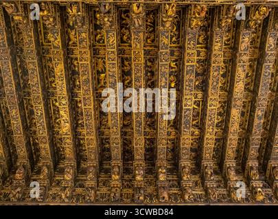 Dekorierte Decke der alten Seidenbörse oder Lonja de la Seda, Valencia, Spanien. Stockfoto