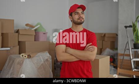 Hispanischer Kuriermann in rotem Hemd und Kappenarmen neben gestapelten Umzugskartons in einem Gebäude; Stolz. Stockfoto