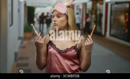 Frau in Nachtwäsche mit Zahnbürsten auf einer Straße in der Stadt nachts, trägt eine Schlafmaske mit Hasen, die eine Nachtroutine im Freien widerspiegelt. Stockfoto