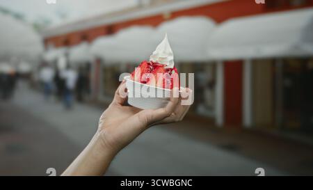 Eine männliche Hand hält eine köstliche Tasse Erdbeereis im Freien auf einer belebten Straße, an der unscharfe Menschen vorbeilaufen, die das pulsierende urbane Leben in Szene setzen Stockfoto