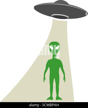 Alien-Ikone mit einem fliegenden leuchtenden UFO. Stock Vektor