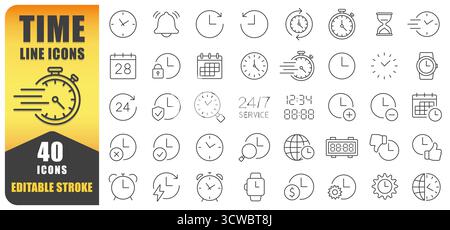 Symbolgruppe Zeitlinie. Eine Sammlung von 40 bearbeitbaren Symbolen für dünne Linien, die Uhren, Timer, Kalender und Zeitpläne darstellen. Perfekt Für Tim Stock Vektor