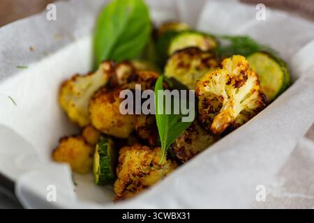Frisch geröstete Zucchini und Blumenkohl serviert auf einem Blech Stockfoto