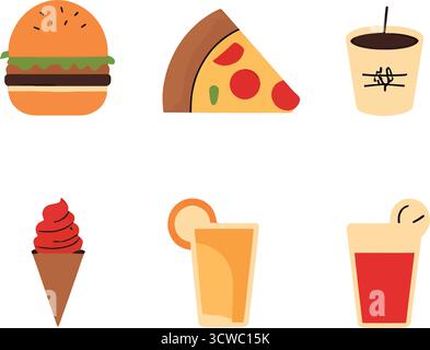 Farbenfrohe Fast Food- und Getränkesymbole – Burger, Pizza, Kaffee, Eis, Saft, Zitronengetränk. Stock Vektor