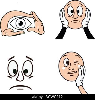 Set aus vier ausdrucksstarken Retro-Cartoon-Gesichtern und Handgesten Stock Vektor