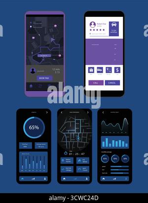Futuristisches Dark CRM Mobile App UI Kit - Dashboard, Analyse, Kalender, KPI Tracking Progress Screens Vektor Stock Vektor