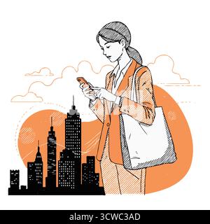 Frau mit Smartphone in der Stadt – Illustration für urbane Konnektivität Stock Vektor