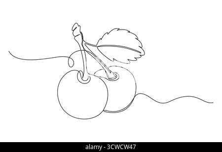Linienzeichnung von drei Kirschen mit Blättern, eine in Scheiben geschnitten, zwei Kirschen Continuous Line Art, natürliche Kirschfrucht Line Art Continuous One Line Cherry Stock Vektor
