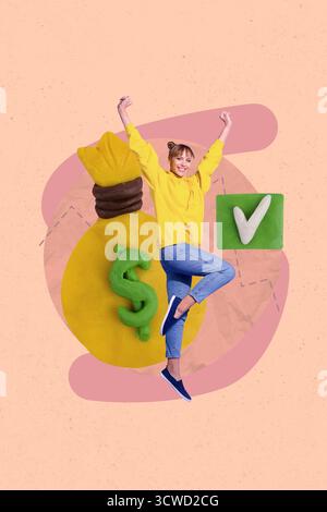 Poster Pop Collage von Person Stand Sprung auf pastellfarbenen Hintergrund mit Dollarbeutel Checkmark Stockfoto