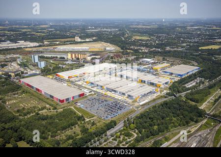 Luftaufnahme, Logistikpark Westfalenhuette, Neubau der ThyssenKrupp Steel-Feuerbeschichtungsanlage, Neubau des REWE Logistikzentrums Stockfoto
