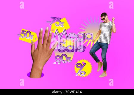 Skizze Bild Artwork 3D Foto Collage von Hand halten Verkauf junger Mann Tanz Bestellung Shopping Shopaholic Marke Rabatt Endpreis Kunden Käufer Stockfoto