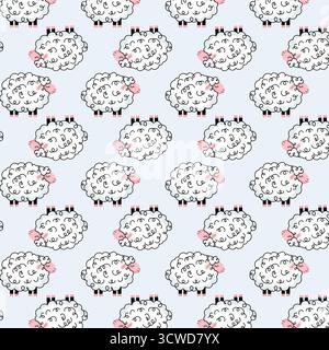 Nahtloses Muster mit niedlichen Zeichentrickschafen mit lockiger weißer Wolle, rosa Gesichtern und geschlossenen Augen auf einem sanften hellblauen Hintergrund. Stock Vektor