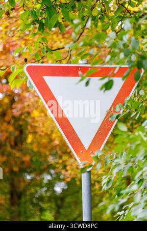 Ein nach unten zeigendes dreieckiges Straßenschild mit weißer Mitte und rotem Rand wird teilweise durch grünes Laub mit herbstfarbenem Hintergrund verdeckt. Stockfoto