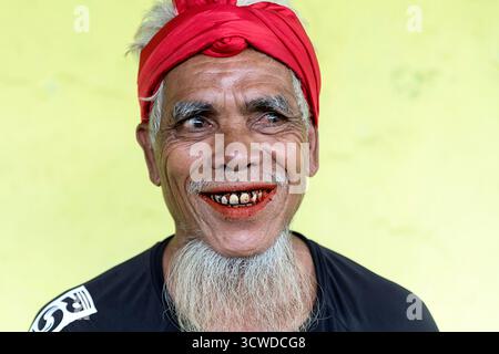 Porträt eines alten Mannes, der mit langem weißem Bart, rotem Kopfschmuck und verfaulten Zähnen von Betelnuss lächelt, Sumba Island, Indonesien, Asien Stockfoto