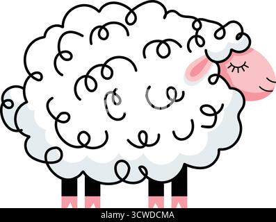 Entzückende Zeichentrickfigur Schafe mit lockiger weißer Wolle, einem weichen rosa Gesicht und friedlich geschlossenen Augen auf sauberem Hintergrund. Stock Vektor