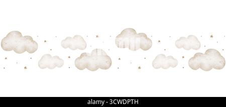 Aquarellrand, fliegende beige Wolken. Handgezeichnete Illustration im kindlichen Stil. Nahtloses Banner, isoliert vom Hintergrund für das Design im Kinderzimmer Stockfoto
