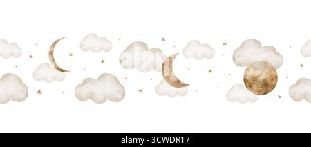 Aquarellrand mit Mondphasen, halbmondförmigen, beigefarbenen Wolken, Träumen und Babyschlaf. Handgezeichnete Illustration im kindlichen Stil. Nahtlos Stockfoto