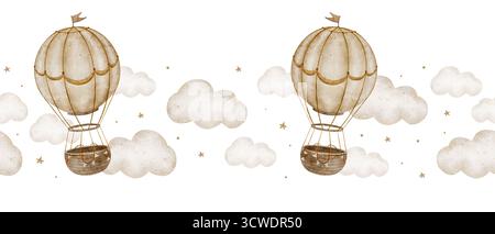 Vintage Border Heißluftballons fliegen, beige Wolken. Nahtloses Banner isoliert. Handgezeichnete Aquarellillustration im kindlichen Retro-Stil für das Kinderzimmer Stockfoto