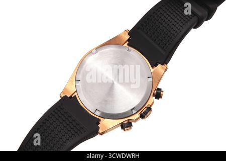 Nahaufnahme des gebürsteten Metallgehäuses einer Roségold-Uhr mit schwarzem Gummiarmband. Stockfoto