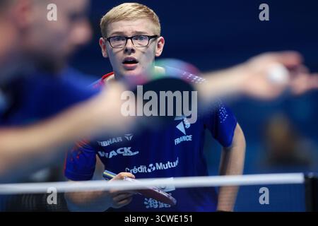 Varazdin, Hrvatska. Oktober 2025. Französische Tischtennismannschaft während des Trainingstages in Zadar, Kroatien am 11. Oktober 2025 vor dem Start der Europameisterschaft des Tischtennis-Teams 2025 in Zadar, Kroatien am 11. Oktober. Oktober 2025. Felix Lebrun Foto: Sanjin Strukic/PIXSELL Credit: Pixsell/Alamy Live News Stockfoto