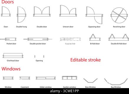 Satz von Türsymbolen, bearbeitbarer Strich, architektonische Grundrisssymbole, Innenarchitektur-Element, Vektor, Blueprint Stock Vektor