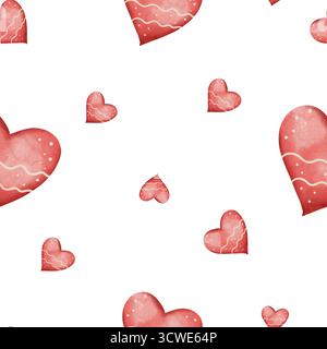 Zartes, nahtloses Aquarellmuster mit roten Herzen und raffiniertem weißem Ornament. Perfekt für romantische Designs, Valentinstag und Hochzeitspapiere. Isoliert auf weißem Hintergrund. Stockfoto