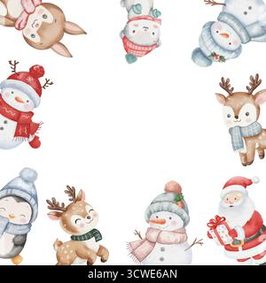 Bezaubernder quadratischer Aquarellrahmen mit Weihnachtsfiguren - Weihnachtsmann, Schneemann, Pinguin, Rentier und Hase. Perfekt für Karten und Einladungen. Kindliche Illustration mit weißem Hintergrund, Kopierraum Stockfoto
