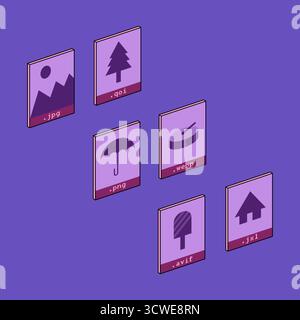 Isometrische 2D-Illustration, die Bilddateitypen wie JPG, PNG, WEBP, AVIF, QOI und JXL darstellt. Stock Vektor