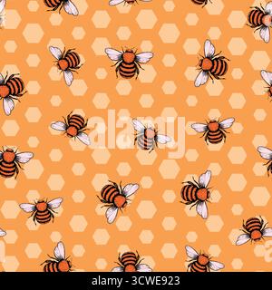 Nahtloses Muster mit Bienen. Kleine Wespe. Vektorabbildung. Design für Einladung, Karten, Textil, Stoff. Doodle-STYLE Stock Vektor