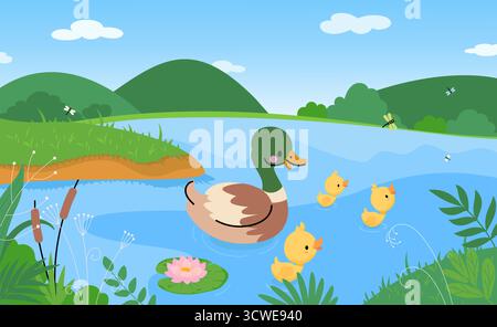 Enten im Teich. Winziges gelbes Entlein mit Mutter Ente, die im See oder Fluss schwimmt. Zeichentrickfilm Natur Landschaft, Landschaft Tierwelt heutzutage Vektor Scen Stock Vektor