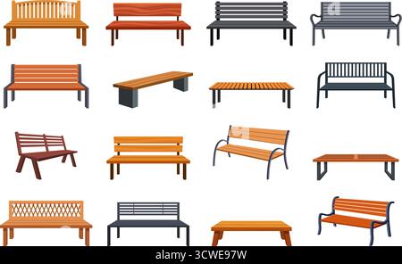 Cartoon-Bänke. Holzbank aus Metall für Garten, Stadtpark, Camping, Hinterhof. Sitzplatz im Freien zum Ausruhen. Sapid-Vektorelem der öffentlichen Architektur Stock Vektor