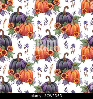 Nahtloses Muster der Herbstkürbisse. Sonnenblumen, Blumen, Blätter. Perfekt für Herbst, Thanksgiving, Feiertage, Stoff, Textil. Nahtloses Wiederholungsfeld. Stockfoto