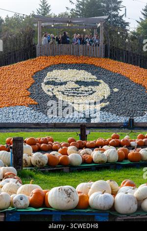 Oktober 2025. Sunnyfields Farm Shop in der Nähe von Totton, Southampton, Hampshire, England, Großbritannien. Die beliebte Kürbis-Zeit-Veranstaltung findet in Kürze statt. Das jährliche Herbstfestival umfasst fantastische Ausstellungen von Kürbissen, darunter ein großes Kürbismosaik von Ozzy Osbourne zu Ehren des Rockstars, der im Juli 2025 starb. Stockfoto