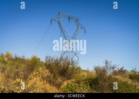 Ein hoher Stahlgittermast, der Stromleitungen über einen trockenen, grasbewachsenen Hügel vor einem klaren blauen Himmel trägt. Stockfoto