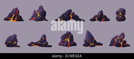 Cartoon vulkanische Felsen. Steine mit Feuerflüssigkeit in Rissen. Magma glüht in Bergwerken, brocken zerrissener Felsen mit roten heißen Strömen, heute Vektor-Set ori Stock Vektor