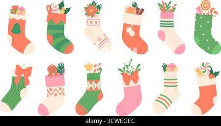 Weihnachtssocken. Wollsocke mit Weihnachtsgeschenken, Süßigkeiten und Pflanzen. Neujahrsdekoration für Kamin. Zeichentrickverpackung für Geschenke, rassige Vektor-Set Stock Vektor