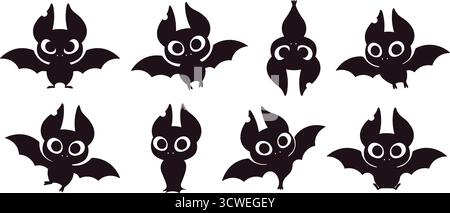 Lustige schwarze Fledermäuse. Halloween Fledermaus Charaktere verschiedene Posen. Niedliche Zeichentricktiere fliegen, wütend, sitzen. Isolierte Wandaufkleber Vorlagen, rassige Vektoren Stock Vektor