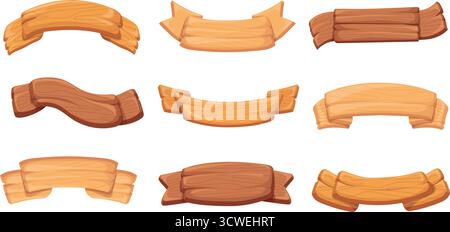 Cartoon-Holzbänder. Holzplanke Textur rpg Spiel ui Banner, rustikale Bauernhof Schilder alte Ansagungstafel mittelalterliche Schilder westliche Plakat Band fr Stock Vektor