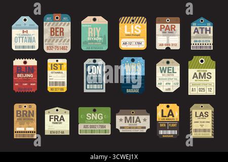 Vintage-Gepäckanhänger. Reiseaufkleber für Fluggepäck, Flughafen alter Gepäckanhänger Retro-Etikett Flugticket Urlaubsreise europa Stadtzeichen Stock Vektor