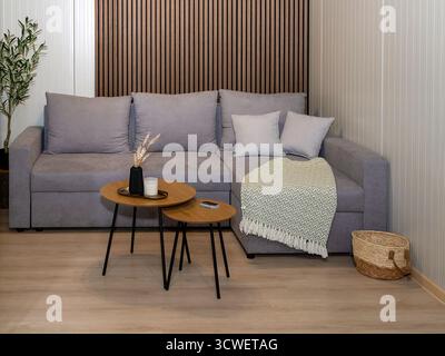 Moderne Inneneinrichtung im Wohnzimmer mit Ecksofa und Holztischen, Möbeln Stockfoto