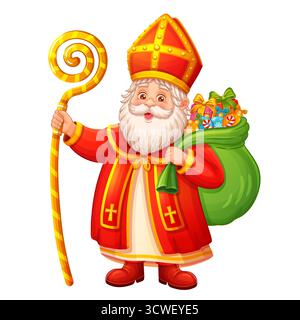 Niedlicher Heiliger Nikolaus Sinterklaas Weihnachtsfigur halten Kinder Geschenk Tasche. Happy St. Nikolaus Feiertag. Weihnachtsmann mit Kinderüberraschungs-Sack Stock Vektor