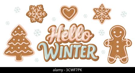 Handgezeichnete Winterkekse mit Lebkuchenmann, Herz, Baum und Schneeflocken. Zeichentrickvektor-Illustration auf weißem Hintergrund. Stock Vektor